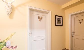 A bright hallway with yellow walls and white doors. A decorative antler and a picture frame hang on the wall.