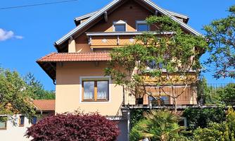 A beautiful residential house with a garden full of plants. The clear sky and the sun give the scene a friendly atmosphere.