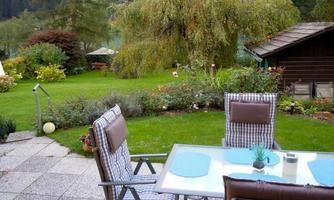A beautiful garden with a terrace and a table. In the background, you can see trees and a small hut.