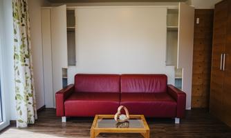 A modern living room with a red sofa and a wooden table. In the background, there are white walls and open shelves.