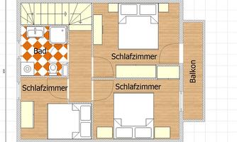 An apartment floor plan with four bedrooms, one bathroom, and a balcony. The rooms are bright and clearly arranged.