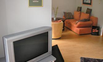 A cozy living room with a TV and an orange sofa. The room is bright and friendly with a wooden floor.