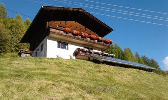 A traditional chalet on a green meadow, surrounded by trees. It has a balcony with colorful flowers and solar panels on the roof.