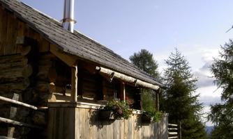 A cozy wooden cabin surrounded by trees. The sky is clear and blue, with a touch of pastoral ideal.