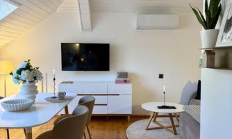 A cozy living area with a white wall and a wooden floor. There is a dining table, a television, as well as plants and decorative elements.
