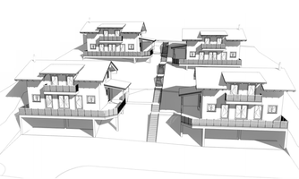 A sketch of several modern houses on a slope. The buildings are arranged in a group, with terraces and stairs.