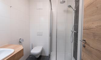 A modern bathroom with a shower and a toilet. The walls are light tiled and there is a wooden washbasin.
