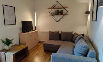 A modern living room with a sofa and a television. Shelves and a small plant give the room a cozy atmosphere.