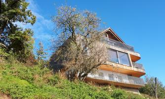 A modern house stands on a hill, surrounded by trees and grass. The sky is clear and blue.