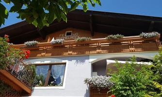 A charming wooden house with a balcony, adorned with blooming plants. The clear sky and green foliage give the scene an inviting atmosphere.