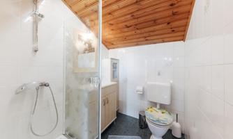 A small bathroom with a shower, a sink, and a toilet. The walls are lightly tiled and the ceiling is made of wood.