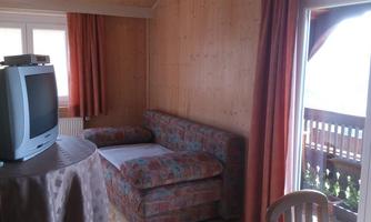 A cozy room with wooden walls and a sofa. A television stands on the table, and the French doors lead to a balcony.