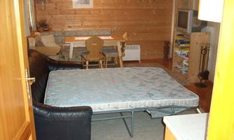 A cozy living space with a sofa bed and a wooden table. The walls are made of wood, and there is a television as well as some decorative elements.