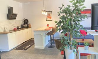 A modern kitchen with a small bar and a large window. In the background, there is a green plant and a cozy living area.