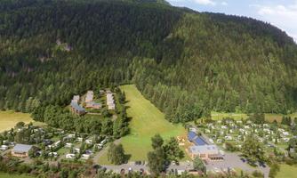 A picturesque landscape with a large forest and a campsite facility. In the foreground, various motorhomes and amenities are visible, surrounded by green meadows.