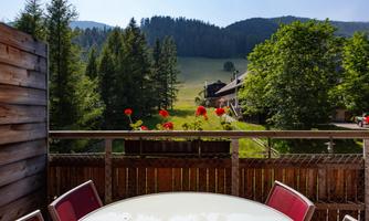 A beautiful view from a balcony onto a green meadow and surrounding mountains. Red flowers and a white tabletop complement the peaceful atmosphere.