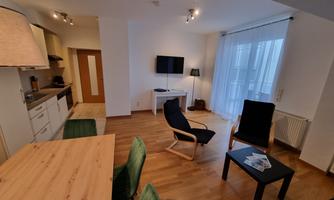 A modern apartment with an open living area. The furniture is stylish and the large windows provide plenty of daylight.