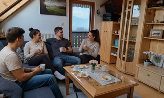A group of four people is sitting comfortably in a living room enjoying drinks. There are cookies on a table and a view of the mountains through the window.