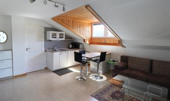 A bright and modern attic room with a kitchenette and a dining area. The decor is simple and inviting, featuring a cozy sofa and plenty of natural light.