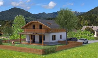 A beautiful house surrounded by green landscape and mountains. The terrace and the garden are inviting.