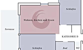 A room layout with different areas, including living, cooking, and dining. The sleeping and bathroom areas are also clearly defined.