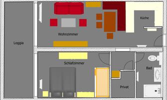 An apartment floor plan with a living room, a kitchen, a bedroom, and a bathroom. The rooms are color-coded and clearly structured.