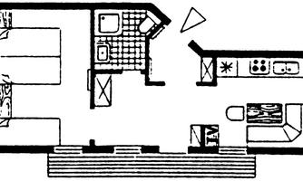 A floor plan of a small apartment with various areas such as kitchen, bathroom, bedroom, and living room. The rooms are arranged functionally.