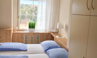 A bright bedroom with two single beds and blue pillows. A window offers a view of nature, and there is a small lamp and a houseplant.