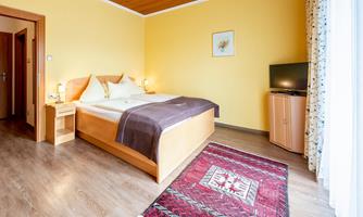 A comfortable bedroom with a double bed and an oriental rug. The room has yellow walls, a television, and large windows that let in a lot of light.