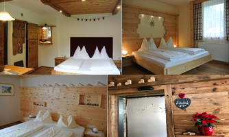 A cozy bedroom with wooden walls and two beds. The atmosphere is warm and inviting, perfect for relaxing.