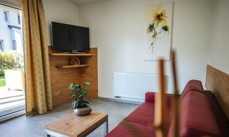 A modern living room with a red sofa, a wooden table, and a television on the wall. A plant arrangement and a large window create a bright atmosphere.