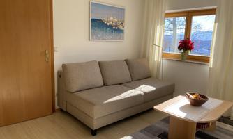 A cozy living room with a gray sofa and a wooden table. Light is shining through the window, and a plant is on the table.