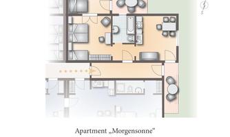 A floor plan of the apartment "Morning Sun". It shows the arrangement of living spaces, including kitchen, living room, and bedroom.