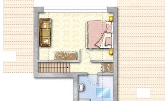 A floor plan of a small apartment with one bedroom, bathroom, and a staircase. The furniture is simply arranged, including a bed and a living area.