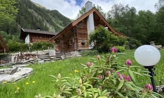 A picturesque country house surrounded by flowers and green grass. In the background, wooded mountains and a cloudy sky can be seen.