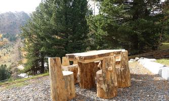 A rustic wooden table with several matching chairs is set in a natural environment. In the background, tall trees and a mountain landscape are visible.