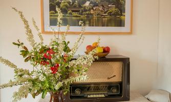 A vintage radio sits on a table next to a vase of colorful flowers. In the background, a picture of a picturesque landscape hangs.