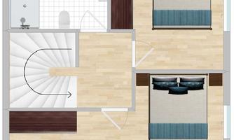 A structured room layout with two bedrooms and one bathroom. The staircase leads to the central area of the house.