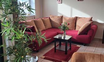 A cozy living room with a red sofa and striped cushions. On a small table sits a vase with fresh flowers.