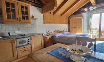 A cozy holiday apartment with wooden decor and a small kitchen. Generous windows offer a view of the mountains.