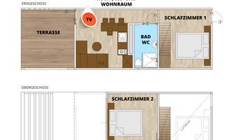 Kitchen, dining and living area with terrace on the ground floor; two bedrooms and a bathroom on the upper floor. The layout features a modern room arrangement.