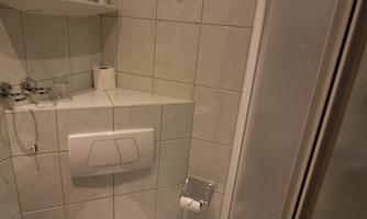 A small bathroom with a toilet and a shower. The walls are clad with light tiles.