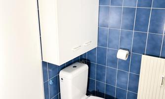 A modern bathroom with blue tiles and a white toilet. There is a light cabinet and a towel rack on the wall.