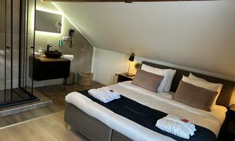 A modern bedroom with a double bed and soft colors. In the background, there is a shower and a wash area.