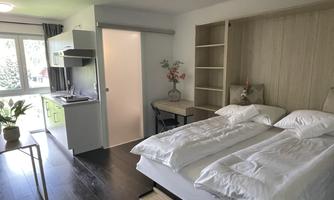 A bright room with two single beds and a modern kitchenette. There are large windows that let in plenty of light, as well as a small table with a plant.