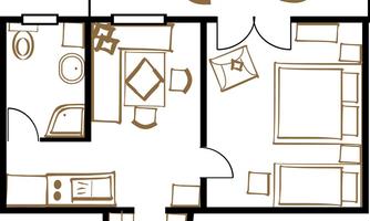 A simple floor plan drawing of an apartment with a living area, kitchen, and two seating areas. The furniture is sketchily depicted and shows the room layout.