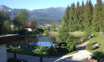 A tranquil landscape with a clear swimming lake and lush trees. In the background, majestic mountains can be seen.