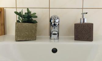 A modern sink with an elegant faucet. On the left side, there is a pot with plants, and on the right side, a soap dispenser with a decorative design.