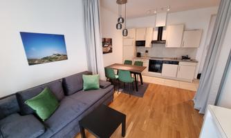 A modern living room with a blue sofa and green cushions. In the background, there is an open kitchen with a dining area.