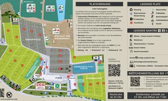 A clear seating plan with different areas, sanitary facilities, and important information. The legend explains the symbols for better orientation.